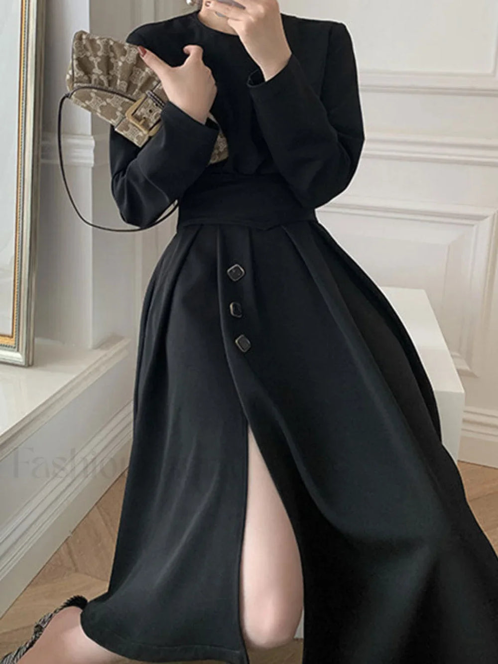 Buttoned Long Sleeve Corset Midi Dress Midi Dresses