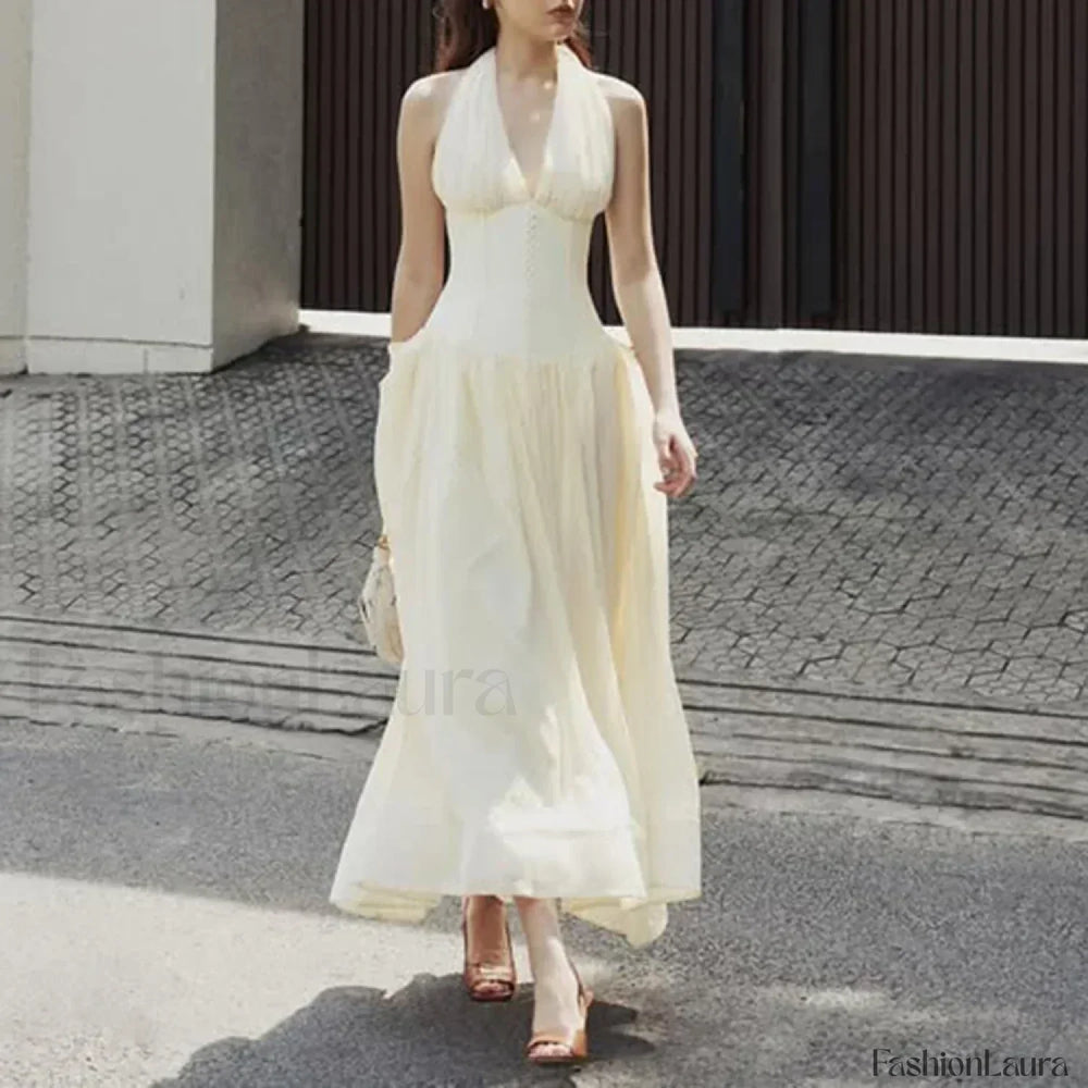 Buttoned Patchwork V Neck Maxi Dress APRICOT / S