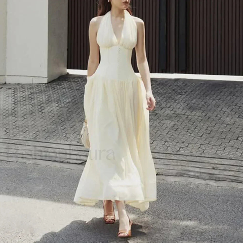 Buttoned Patchwork V Neck Maxi Dress APRICOT / S