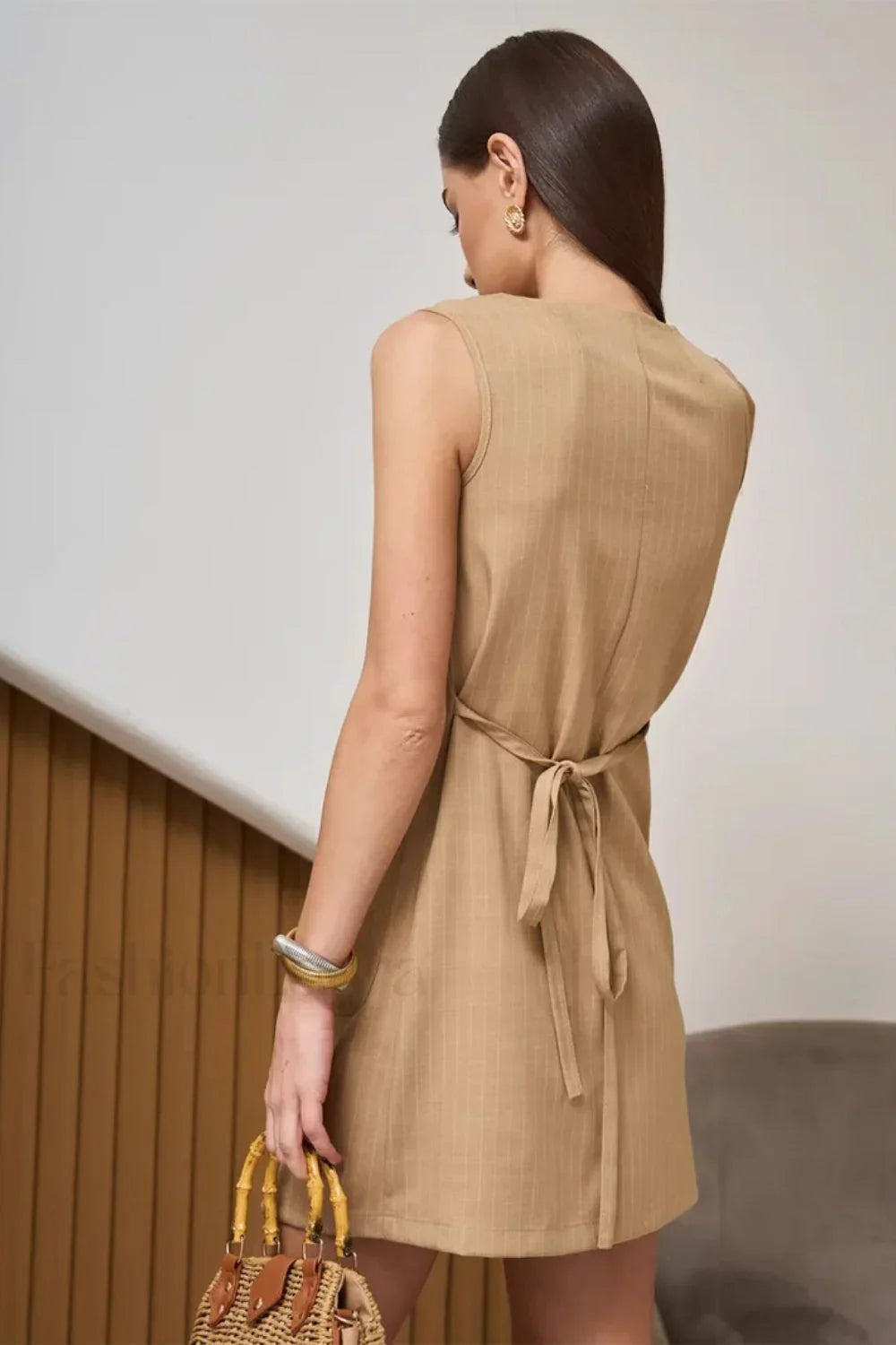 Buttoned Tie Sleeveless Round Neck Work Dress