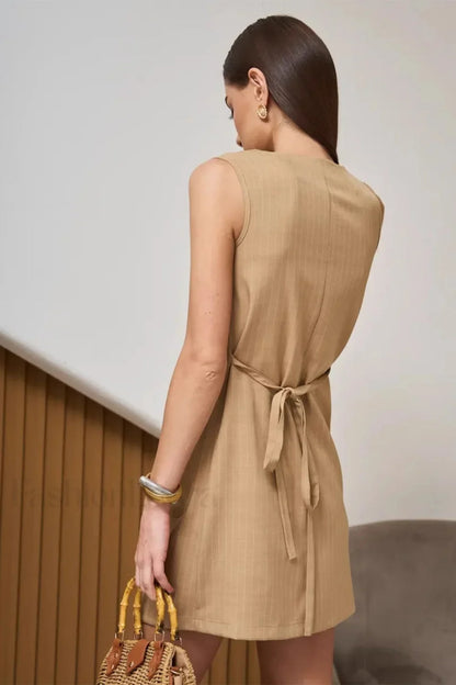 Buttoned Tie Sleeveless Round Neck Work Dress