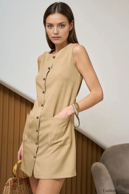Buttoned Tie Sleeveless Round Neck Work Dress