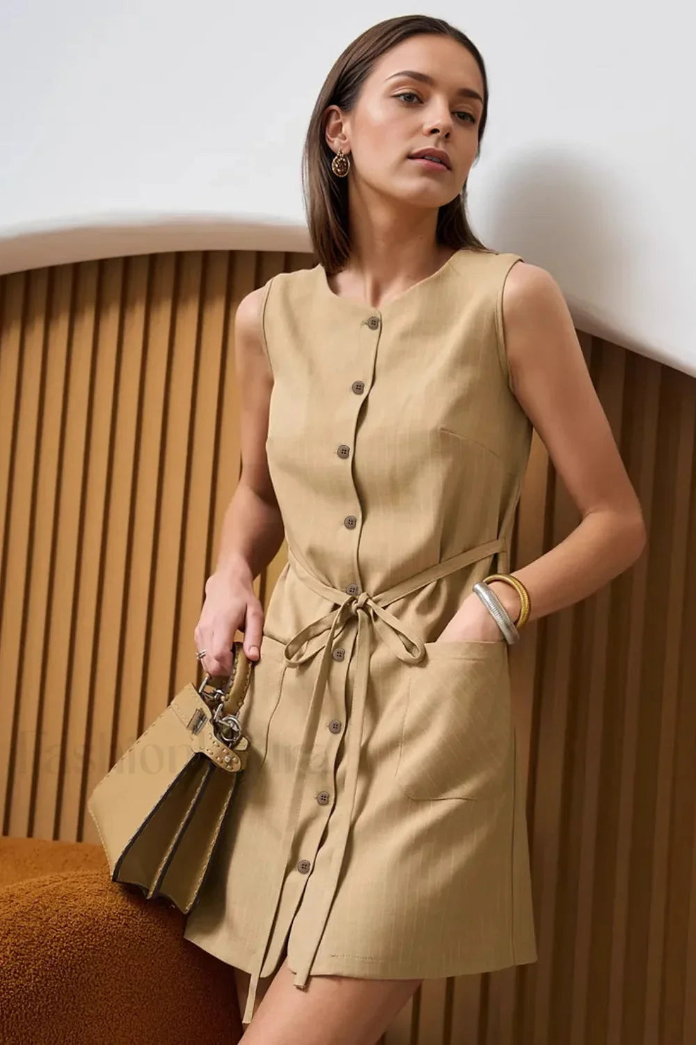 Buttoned Tie Sleeveless Round Neck Work Dress Khaki / S