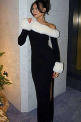 Fur Trim Cold Shoulder Bodycon Dress