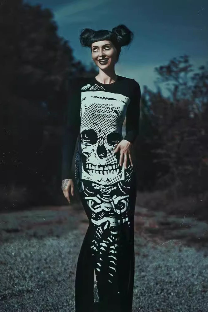 Gothic Skull Long Sleeve Slit Dress