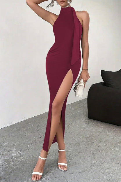 Backless Tie High Slit Party Dress