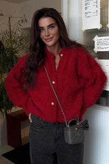 Solid Color Button-Up Faux Fur Knit Sweater