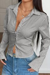 V Neck Striped Long Sleeve Blouse