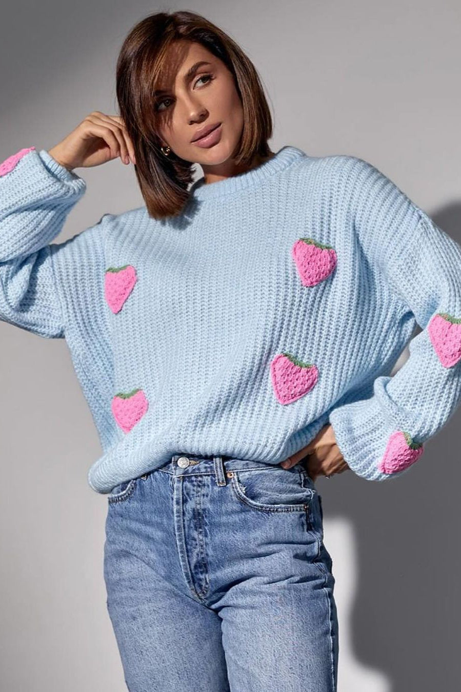 Strawberry Appliqué Chunky Knit Sweater S / Blue