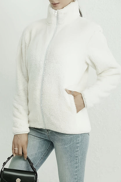 Casual Fuzzy Zipper Jacket White / S