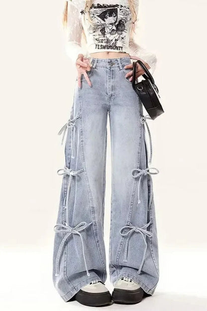 Vintage Bow Bandage Wide Leg Jeans Blue / S