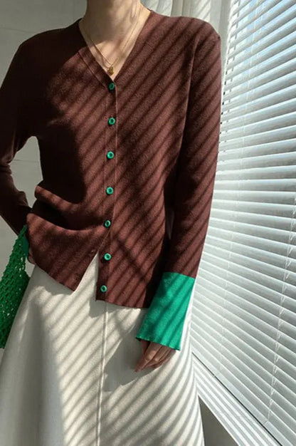 Flare Sleeve Colorblock Knit V Neck Cardigan Brown / S