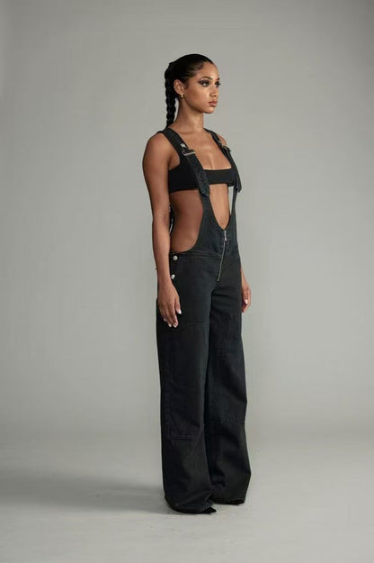 Low Rise Wide Leg Overall Jeans