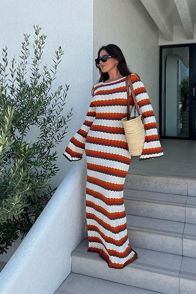 Striped Contrast Knit Hollow Out Long Sleeve Maxi Dress
