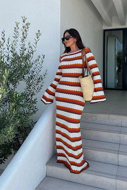Striped Contrast Knit Hollow Out Long Sleeve Maxi Dress