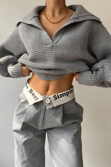 Lantern Sleeve Open Collar Knit Sweater