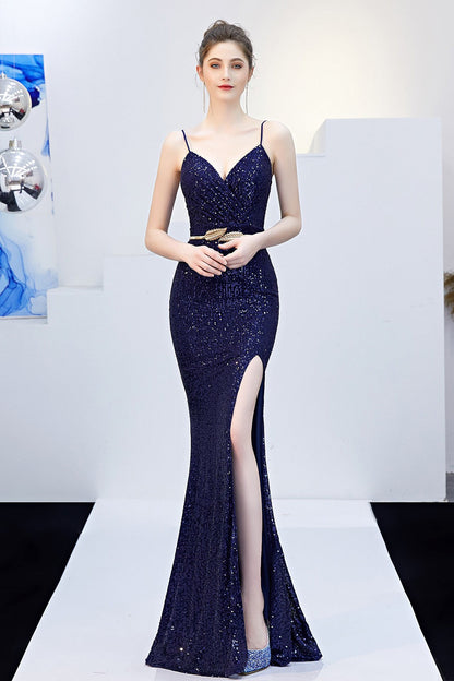 Sexy Slim Fishtail Party Dress with Belt Blue / S
