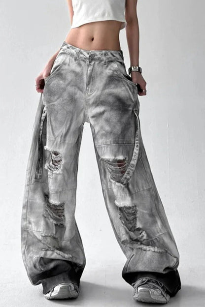 Tie Dye Ripped Wide Leg Jeans Grey / S