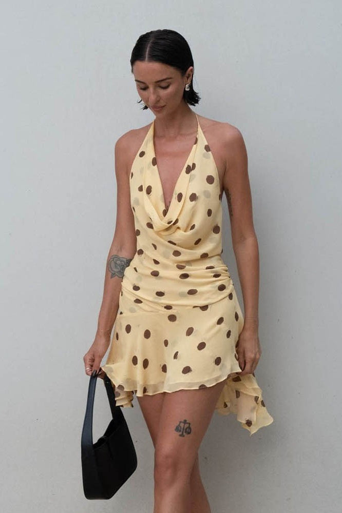 Polka Dot Chiffon Halter Backless Mini Dress