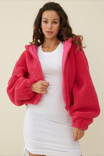 Fuzzy Hooded Zip Short Jacket Red / XS