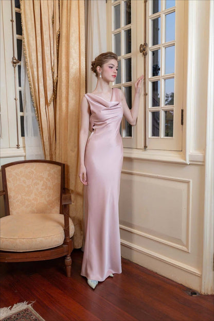 Solid Satin Evening Maxi Dress