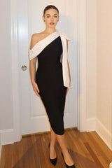 Bandage One-shoulder Color Block Bow Cocktail Dress