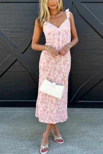 Printed Lace Halter Midi Dress