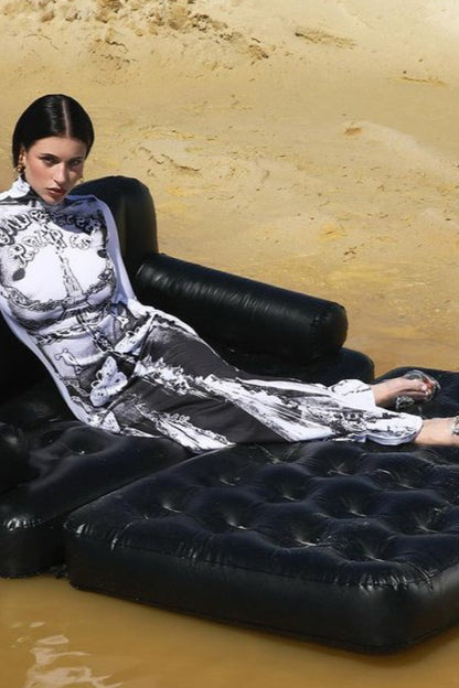 Halloween Black Floral High Neck Long Sleeve Dress