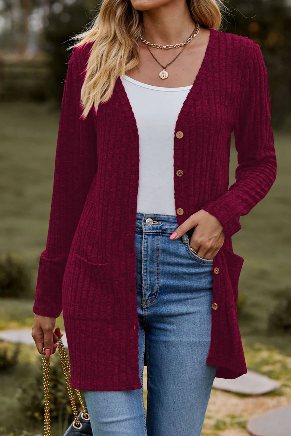 Brushed Ribbed Long Sleeve Cardigan Wine Red / S