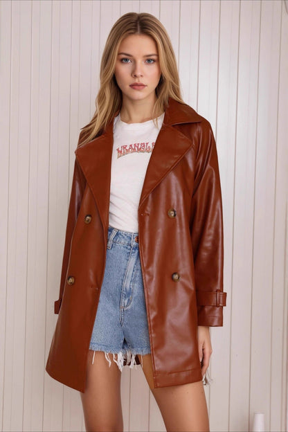 Fashion PU Leather Long Jacket Brown / S