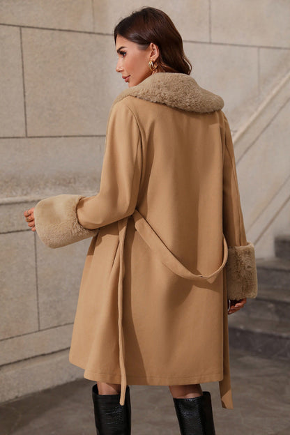 Fur Collar Belted Midi Trench Coat