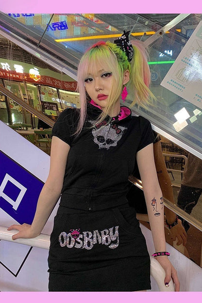 Gothic Skull Rhinestone Y2K Hoodie