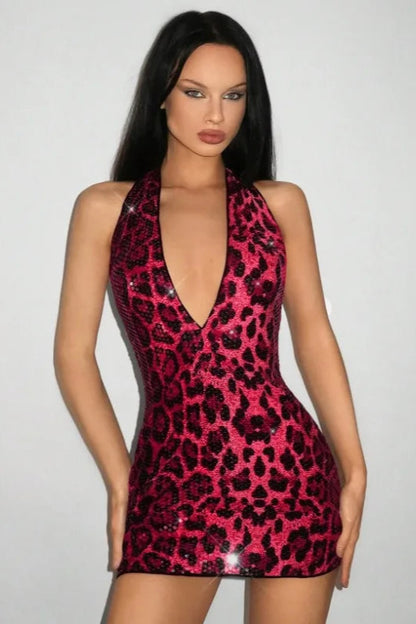 Leopard Sequin Halter Mini Dress