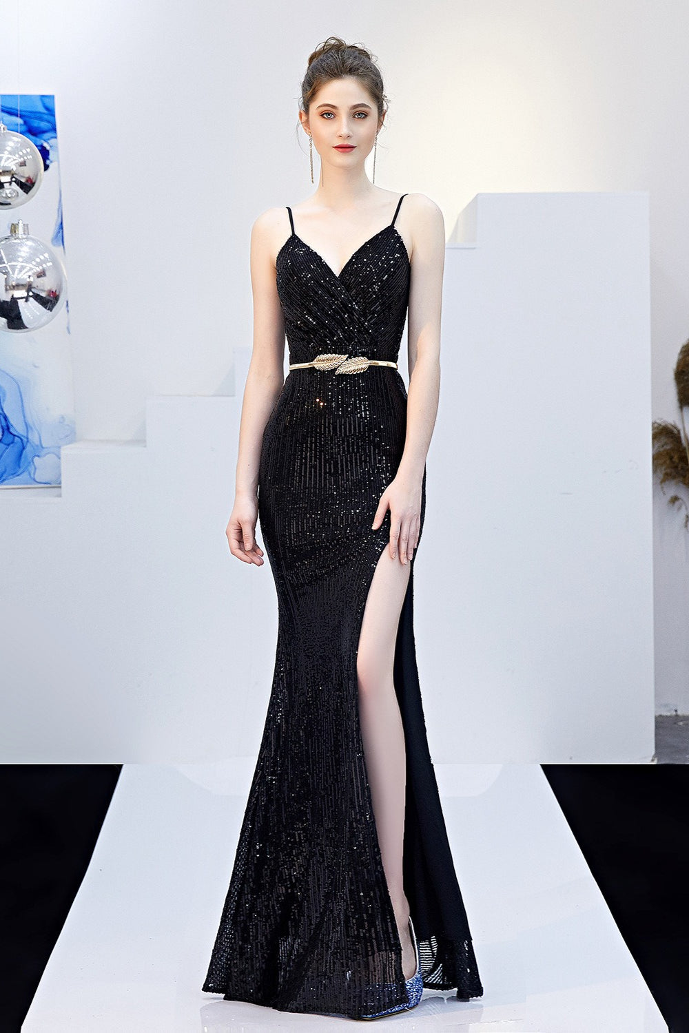 Sexy Slim Fishtail Party Dress with Belt Black / S