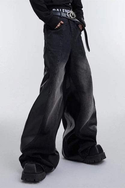 Wide Leg PU Leather Patchwork Jeans