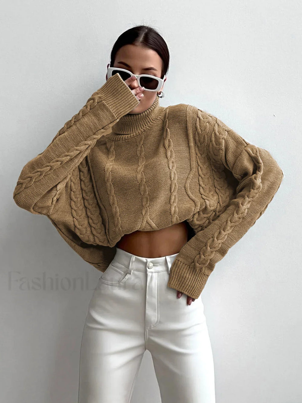 Cable Knit Turtleneck Oversized Sweater Khaki / XS Sweaters