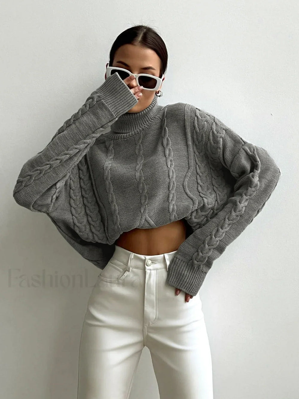 Cable Knit Turtleneck Oversized Sweater Grey / XS Sweaters