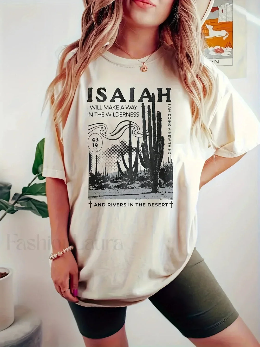 Cactus Print Casual Crew Neck T Shirt Beige / S