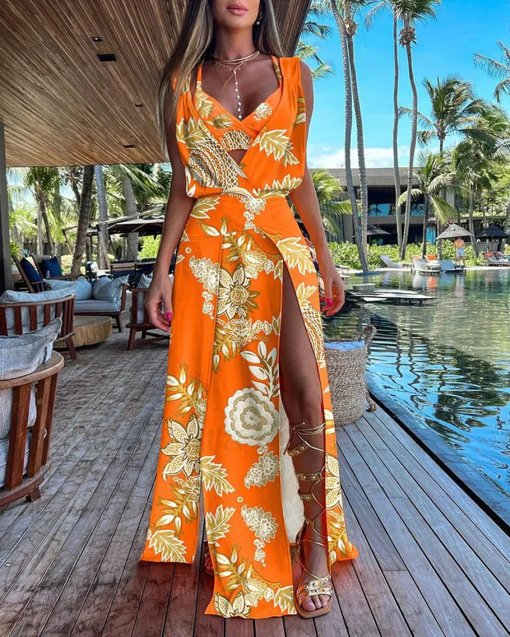 Camisole Two Piece Floral Dress Orange Gold Flower / S