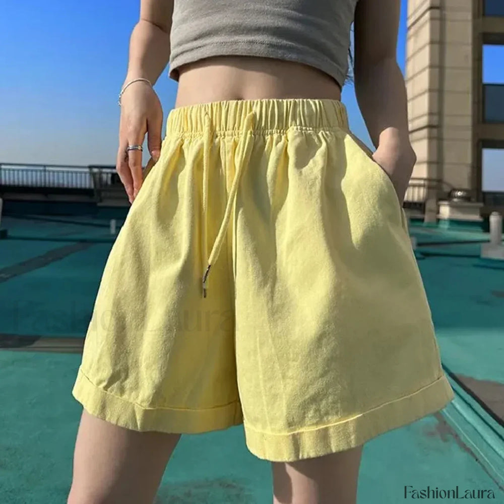 Candy Colors Wide Leg Elastic Waist Short Yellow / S