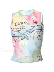 Cartoon Print Mesh Tank Top Tops&Tees