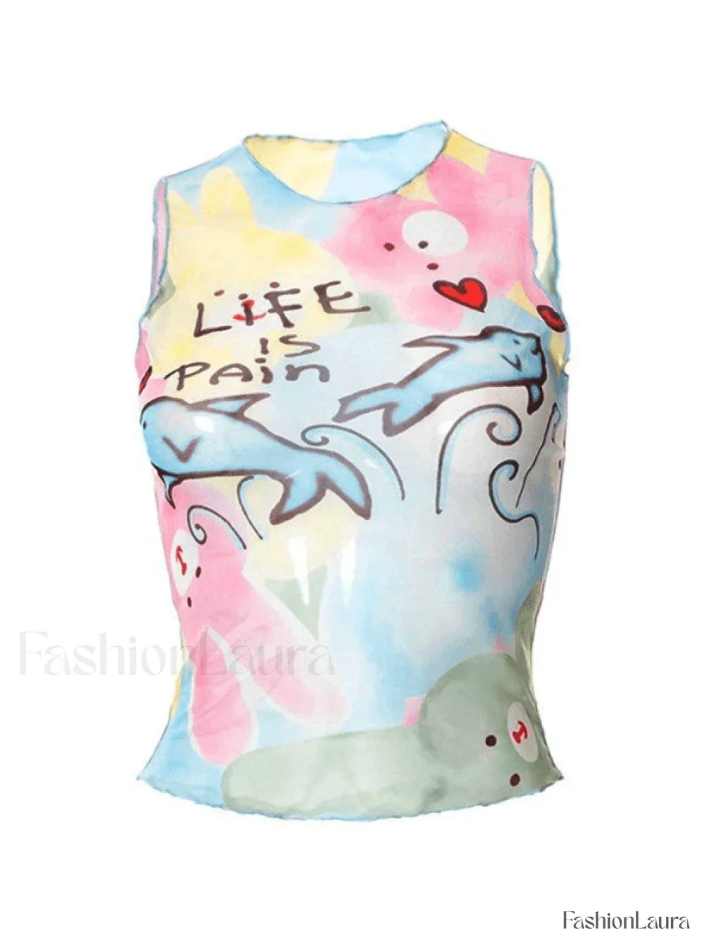 Cartoon Print Mesh Tank Top Tops&Tees