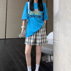 Casual Blue Plaid Loose Straight leg Short