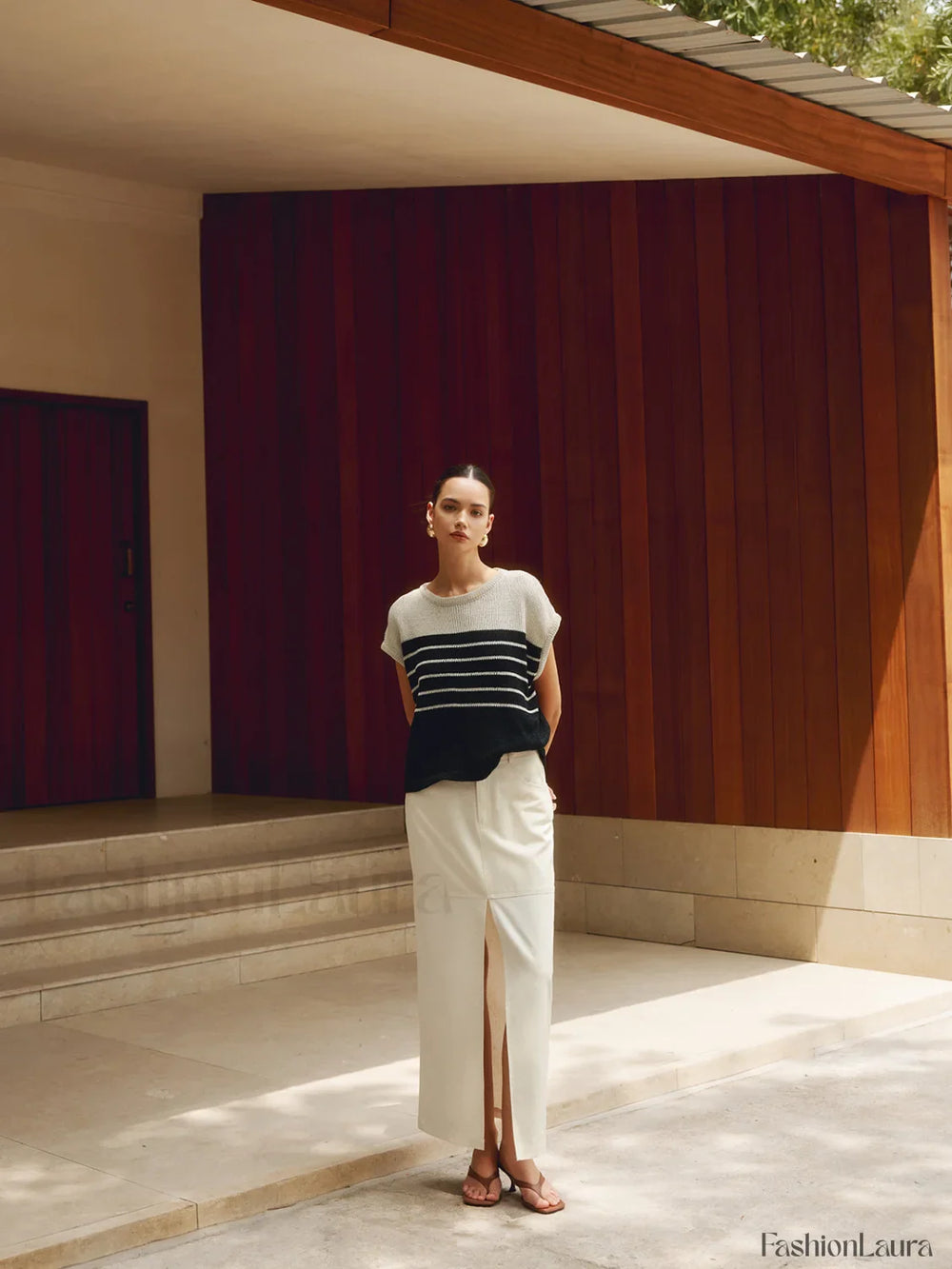 Casual Cotton Blends Trendy Striped Knit Top Sweaters L