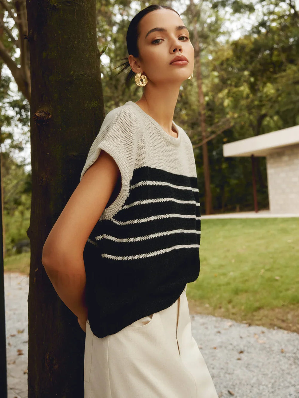 Casual Cotton Blends Trendy Striped Knit Top Sweaters L