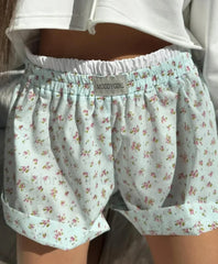 Casual Floral Patchwork Loose Mid Waisted Short Blue / S