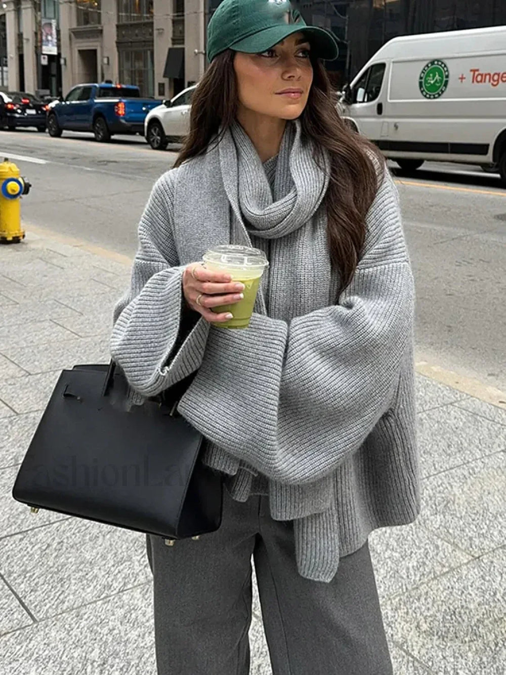 Casual Grey Cropped Oversize Women’s Scarf Collar Long Sleeve Knitted Pullover Sweater Grey / S Sweaters L