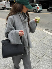 Casual Grey Cropped Oversize Women’s Scarf Collar Long Sleeve Knitted Pullover Sweater Sweaters L