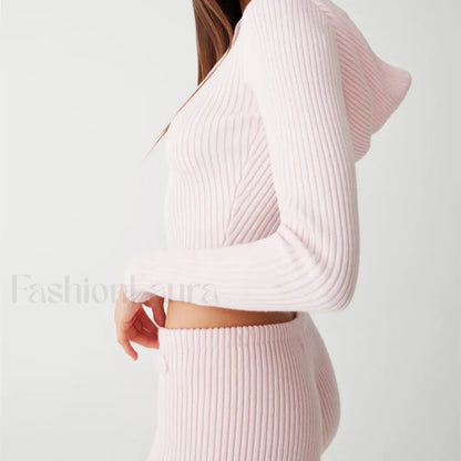Casual Knit 00s Y2K Zipped Sweater Flower Shorts Two Piece Set