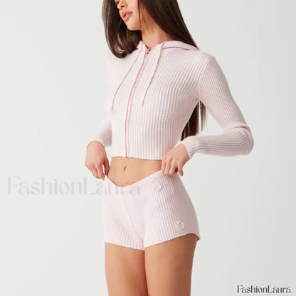 Casual Knit 00s Y2K Zipped Sweater Flower Shorts Two Piece Set